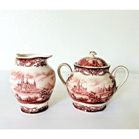Vintage Red Transferware Creamer & Sugar Bowl Set w/Lid Victorian Ironstone - Picture 1 of 14